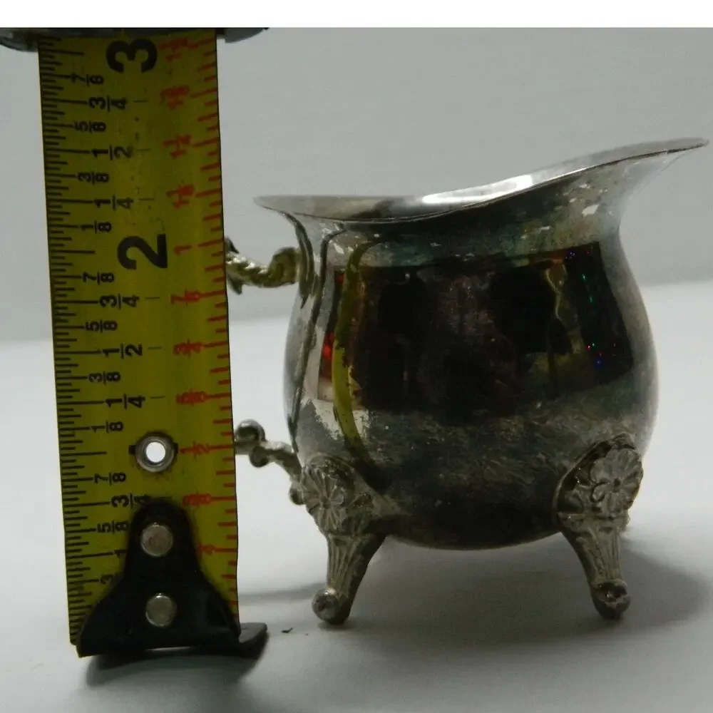 Antique 1950s Creamer Bowl Ornate Floral Handle Sliver Tone